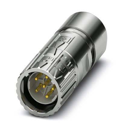Eine Nahaufnahme eines metallischen zylindrischen Steckverbinders, der mehrere gelbe Stifte zeigt, die von einem Ende herausragen und für elektronische Verbindungen konzipiert sind.