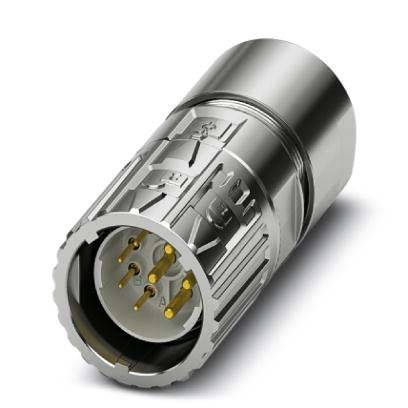 Ein metallischer zylindrischer Verbinder mit mehreren Goldpins, der für elektrische Verbindungen verwendet wird und mit Fokus auf seine komplexen Designdetails dargestellt ist.