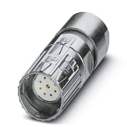 Ein silberner zylindrischer Metallverbinder mit mehreren Pins, konzipiert für elektrische Verbindungen, liegt auf einer weißen Oberfläche.