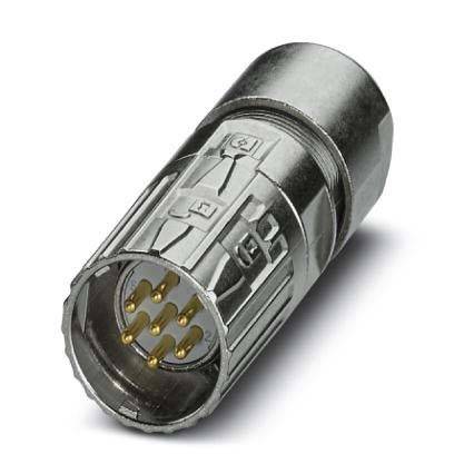 Ein silberner, zylindrischer elektronischer Stecker mit mehreren goldenen Kontakten, verwendet zur Daten- oder Stromübertragung.