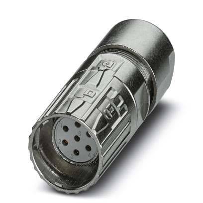 Ein metallischer 7-poliger Steckverbinder, der für industrielle oder elektronische Ausrüstung verwendet wird und eine zylindrische Form mit sichtbaren Pins für sichere Verbindungen aufweist.