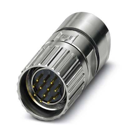 Ein metallischer zylindrischer elektrischer Anschluss mit mehreren Pins zur Signalübertragung, der in industriellen oder elektronischen Anwendungen verwendet wird.