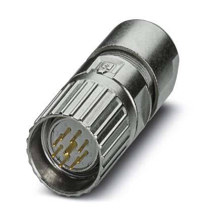 Ein metallischer Koaxialkabel-Anschluss mit sichtbaren Goldstiften, verwendet zum Verbinden von elektrischen Geräten.