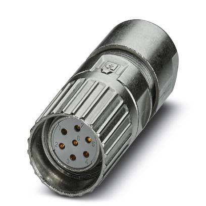 Ein zylindrischer Metall-Elektroanschluss mit mehreren Pins, der für sichere Kabelverbindungen in elektronischen Geräten oder Maschinen verwendet wird.