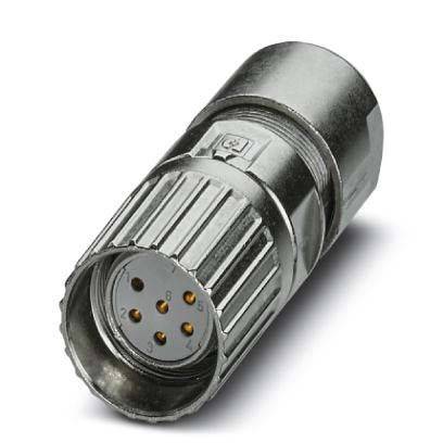 Eine Nahaufnahme eines silbernen, zylindrischen Industriesteckers mit mehreren goldenen Kontaktstiften im Inneren, der für elektrische oder Datenverbindungen verwendet wird.