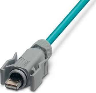 Ein türkisfarbenes industrielles Anschlusskabel mit einem grauen Gehäuse ist abgebildet, das für sichere elektronische Verbindungen in industriellen Umgebungen verwendet wird.