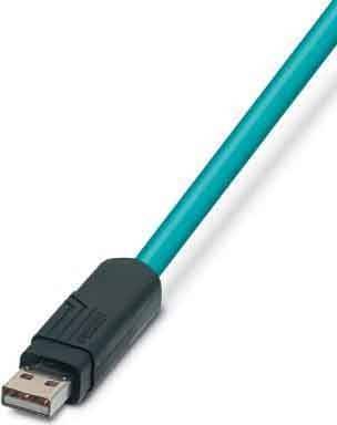 Eine Nahaufnahme eines schwarzen und türkisfarbenen Netzwerkkabels mit einem Plastikstecker.