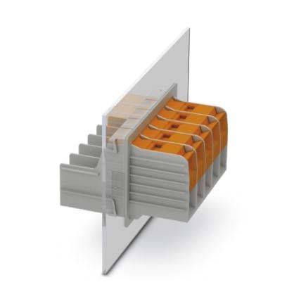 Ein Querschnitt eines Kunststoff-Mehrfachanschlussklemmenblocks, der die internen Schichten und Verbindungen für elektrische Anwendungen zeigt.