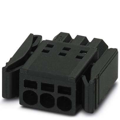 Ein schwarzer, rechteckiger Kunststoff-Vier-Pin-Steckverbinder mit einem Verriegelungsmechanismus, der für elektrische Verbindungen in elektronischen Geräten verwendet wird.