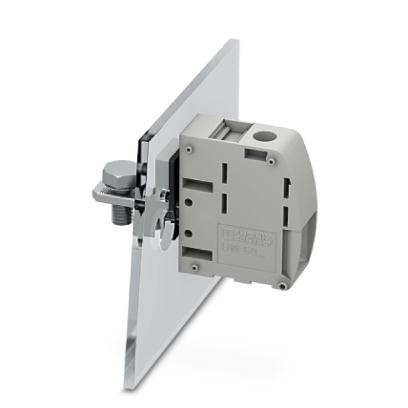 Ein elektrischer Klemmblock ist auf einem Glasblatt montiert und zeigt seine Installation durch die Verwendung einer Bolzen- und Mutternverbindung.