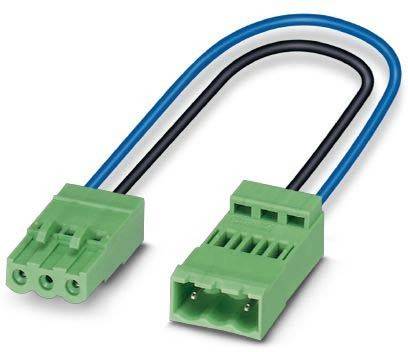 Grüner WAGO-Verbinder mit blau und schwarz verbundenen Leitungen in einer Schleife, verwendet für elektrische Anwendungen.