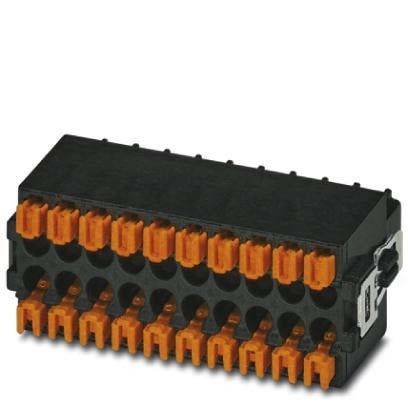Ein schwarzer und orangefarbener Anschlussblock, der für elektrische Verbindungen und Verkabelung in elektronischen Geräten und industriellen Anwendungen verwendet wird.