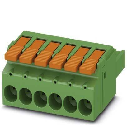 Ein grüner elektrischer Anschlussblock mit fünf orangefarbenen Hebeln, der zum Sichern und Verbinden von Drähten in einem elektrischen Schaltkreis verwendet wird.