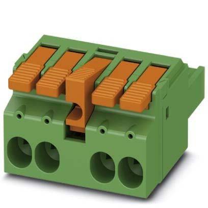 Ein grüner und orangefarbener Terminalblock-Anschluss mit drei Anschlüssen für Verkabelung, der in der Elektronik für elektrische Verbindungen verwendet wird.