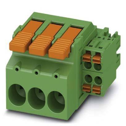 Ein grün-orangefarbener dreipoliger elektrischer Steckverbinder mit Hebelaktuatoren, verwendet für Verkabelung und sichere elektrische Verbindungen.