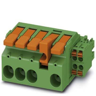 Grüner und orangefarbener elektrischer Klemmenblock mit mehreren Anschlussschlitzen und orangefarbenen Hebeln zum Sichern von Drähten.
