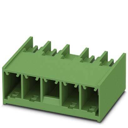 Ein grüner Plastik-Elektronikverbinder mit fünf Steckplätzen, entwickelt für die Kabelanbindung in elektronischen Geräten oder Leiterplatten.
