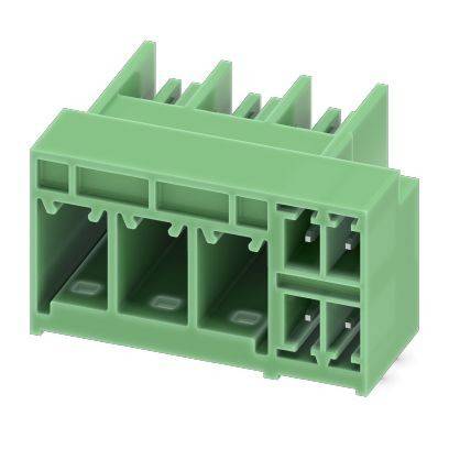 Ein grüner Plastik-Elektroverbinder mit drei breiten Schlitzen auf der linken Seite und zwei schmalen Schlitzen auf der rechten Seite, konzipiert für Verdrahtung oder Schaltungsverbindungen.