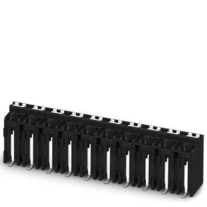 Eine Reihe von acht schwarzen elektronischen Steckverbindern, jeweils mit Metallstiften und rechteckigem Design, die für elektronische Leiterplatten verwendet werden.