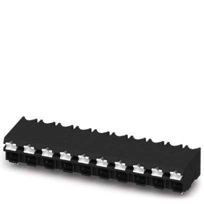 Ein schwarz-silberner elektronischer Steckverbinder mit mehreren Anschlüssen, die in einer Reihe ausgerichtet sind und zur Verbindung elektrischer Schaltkreise verwendet werden.