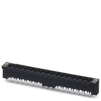 Ein schwarzer, rechteckiger elektronischer Steckverbinder mit zwei Reihen metallischer Stifte, der zum Anschließen von Leiterplatten oder Komponenten verwendet wird.