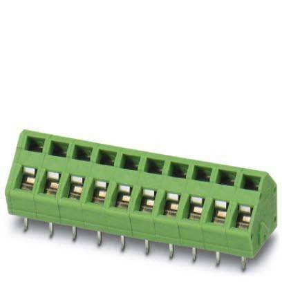 Eine grüne, gewinkelte Stiftleiste mit mehreren Anschlusspunkten, die in elektronischen Leiterplatten zur sicheren Befestigung von Komponenten verwendet wird.