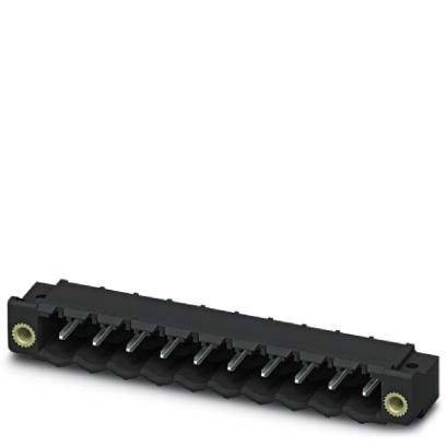 Ein schwarzer elektronischer Steckverbinder mit mehreren Pins und zwei Metallenden, der zur Verbindung von Schaltungskomponenten verwendet wird.