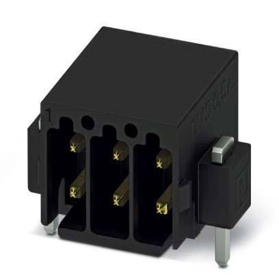 Ein schwarzer Drei-Pin-Elektronikstecker mit sichtbaren Goldkontakten, konzipiert für die Schaltkreisintegration.
