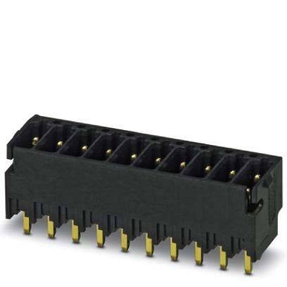 Ein schwarzer elektronischer Stecker mit mehreren goldenen Kontakten, der zum Sichern von Verbindungen auf einer Leiterplatte verwendet wird.