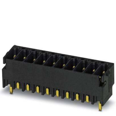 Ein schwarzer, rechteckiger elektronischer Anschluss mit mehreren Goldkontakten, der typischerweise zum Verbinden von Leiterplatten oder anderen elektronischen Bauteilen verwendet wird.