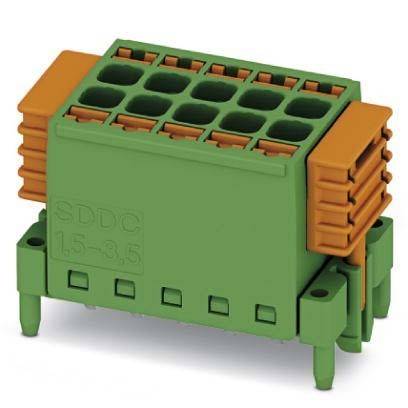 Ein grün-oranger elektrischer Anschlussblock mit mehreren Steckplätzen, beschriftet mit 'SDDC 1.5-3.5', der für sichere Drahtverbindungen verwendet wird.
