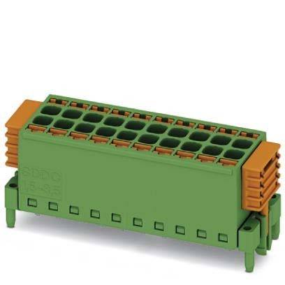 Grüner und orangefarbener elektronischer Anschluss mit mehreren Steckplätzen, verwendet für sichere Verdrahtung in elektronischen Geräten.