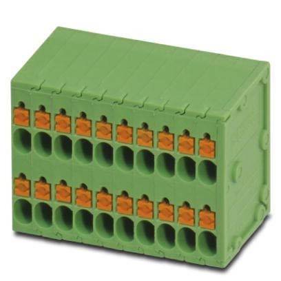 Ein grüner Klemmenblock mit mehreren orangefarbenen Anschlüssen für elektrische Verbindungen, der in elektronischen und elektrischen Verdrahtungsanordnungen verwendet wird.