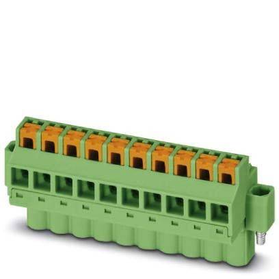 Ein grüner und orangefarbener Elektroanschlussblock mit mehreren Anschlüssen, der wahrscheinlich für Verdrahtungsverbindungen in elektronischen Schaltkreisen verwendet wird.