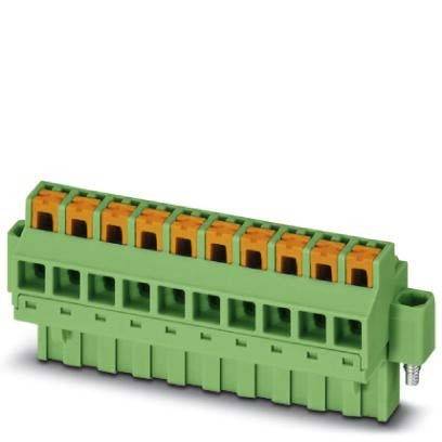 Ein grüner Klemmblock mit orangefarbenen Hebeln, der zehn Anschlusspunkte aufweist und zum Befestigen von elektrischen Leitungen in Installationen verwendet wird.