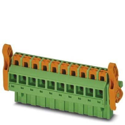 Grüner und orangefarbener Klemmblock mit mehreren Anschlusspunkten, verwendet für elektrische Verdrahtung in Schaltschränken oder Stromkreisen.