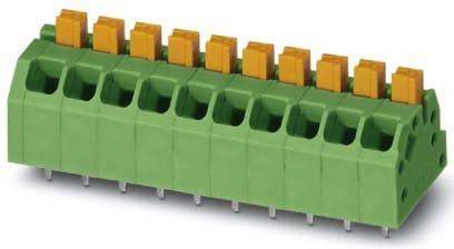 Ein grüner und orangefarbener Elektroklemmenblock mit mehreren Anschlusspunkten für Verdrahtungen, der in elektronischen und elektrischen Installationen verwendet wird.