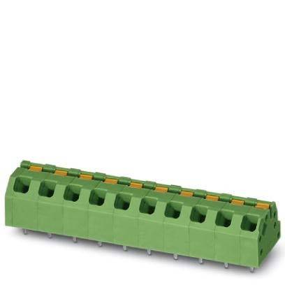 Ein grüner Terminalblock mit orangefarbenen Hebeln, der mehrere Anschlusspunkte für elektrische Kabel aufweist.
