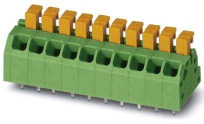 Eine Reihe von grünen Durchgangsklemmleisten mit gelben Hebeln, üblicherweise für elektrische Verbindungen verwendet, aus einem leichten Winkel gesehen.