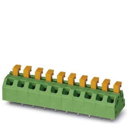 Grüner Terminalblock mit orangefarbenen Hebeln, der mehrere Anschlusspunkte zum Sichern von elektrischen Leitungen in elektronischen Geräten aufweist.