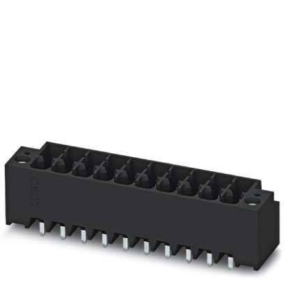Ein schwarzer, rechteckiger elektronischer Stecker mit mehreren Pins, der typischerweise für Leiterplattenanschlüsse verwendet wird.