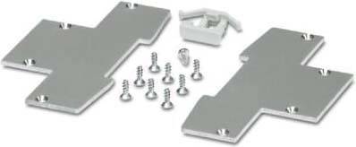 Montagekit für elektronische Geräte mit zwei Metallhalterungen, zehn Schrauben und einer Kunststoff-Kabelbefestigung, die auf einer weißen Oberfläche angeordnet sind.