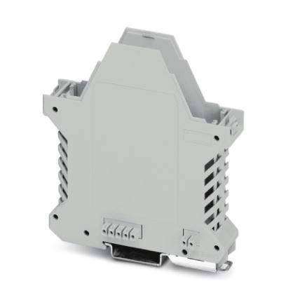 Eine graue elektronische Komponente, die einem Anschlussblock ähnelt, die in elektrischen Installationen verwendet wird, mit modularem Design und Belüftungsschlitzen.
