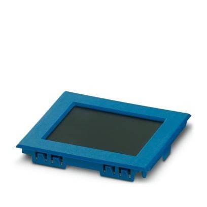 Eine blaue elektronische Komponente mit einem rechteckigen Bildschirm, möglicherweise eine Anzeigeeinheit, umgeben von einem blauen Gehäuse mit Steckerstiften.