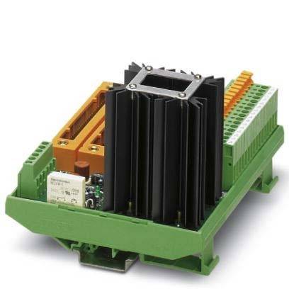 Industrielle elektronische Komponente mit grünem Gehäuse, ausgestattet mit Anschlüssen und einem schwarzen Kühlkörper auf der Oberseite.