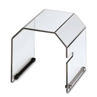 Eine transparente Acrylbox mit offener Vorder- und Seitenseite, die als Schutzhülle für kleine Gegenstände auf einem Tisch oder Regal verwendet wird.