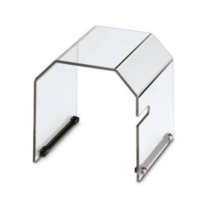 Klare Schutzabdeckung aus Acryl mit seitlicher Scharnieranlage und zwei angebrachten Metall-Verschluss-/Stoppvorrichtungsarmen.