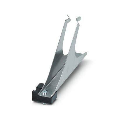 Silbernes Metall-Telefonhalter oder -Ständer mit schwarzem Sockel, auf weißem Hintergrund dargestellt.