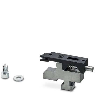 Silberne und schwarze mechanische Komponente mit einer kleinen Schraube und einer Unterlegscheibe, die einen Montage- oder Maschinenbau-Reparaturkontext andeutet.