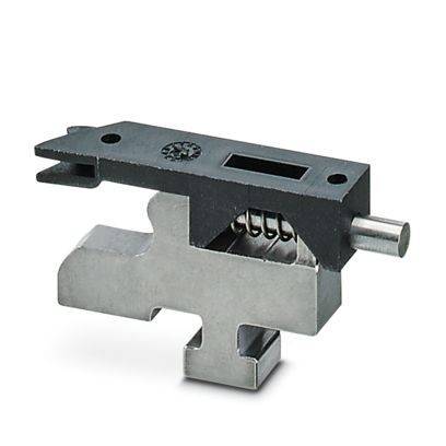 Nahaufnahme einer metallischen mechanischen Verschlussvorrichtung oder Schalteranordnung mit einer federbelasteten Komponente und einem vorstehenden Stift auf weißem Hintergrund.
